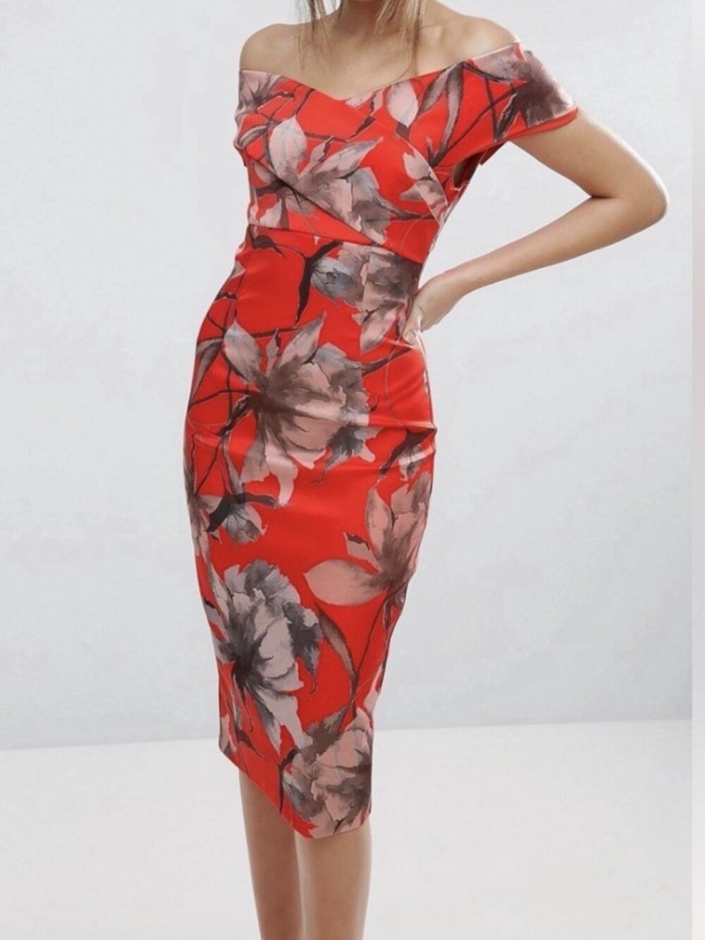 ASOS Bright Red Floral Bardot Pencil Midi Dress size 6